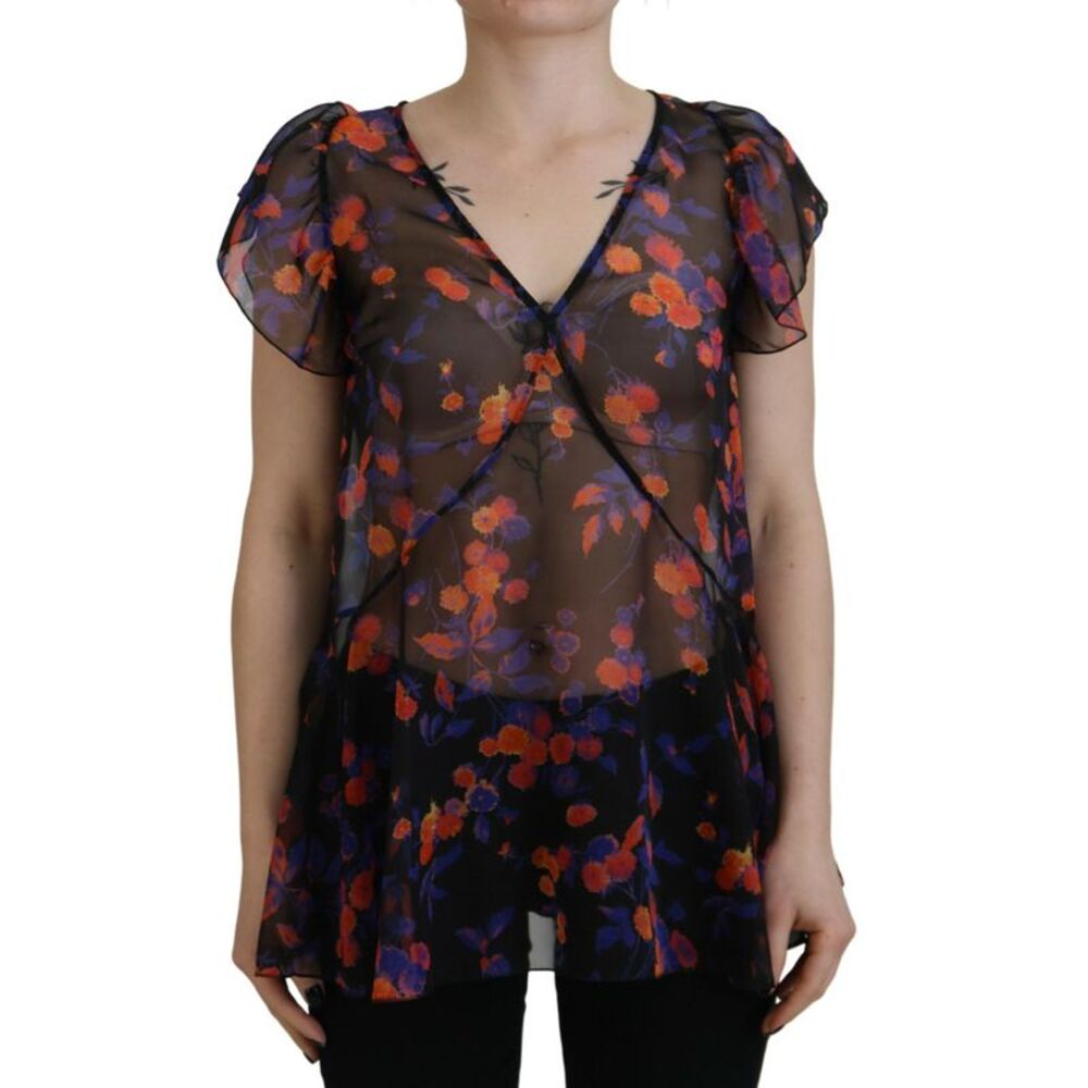 Dsquared² Black Floral Print Short Sleeves V-neck Blouse Women's Top